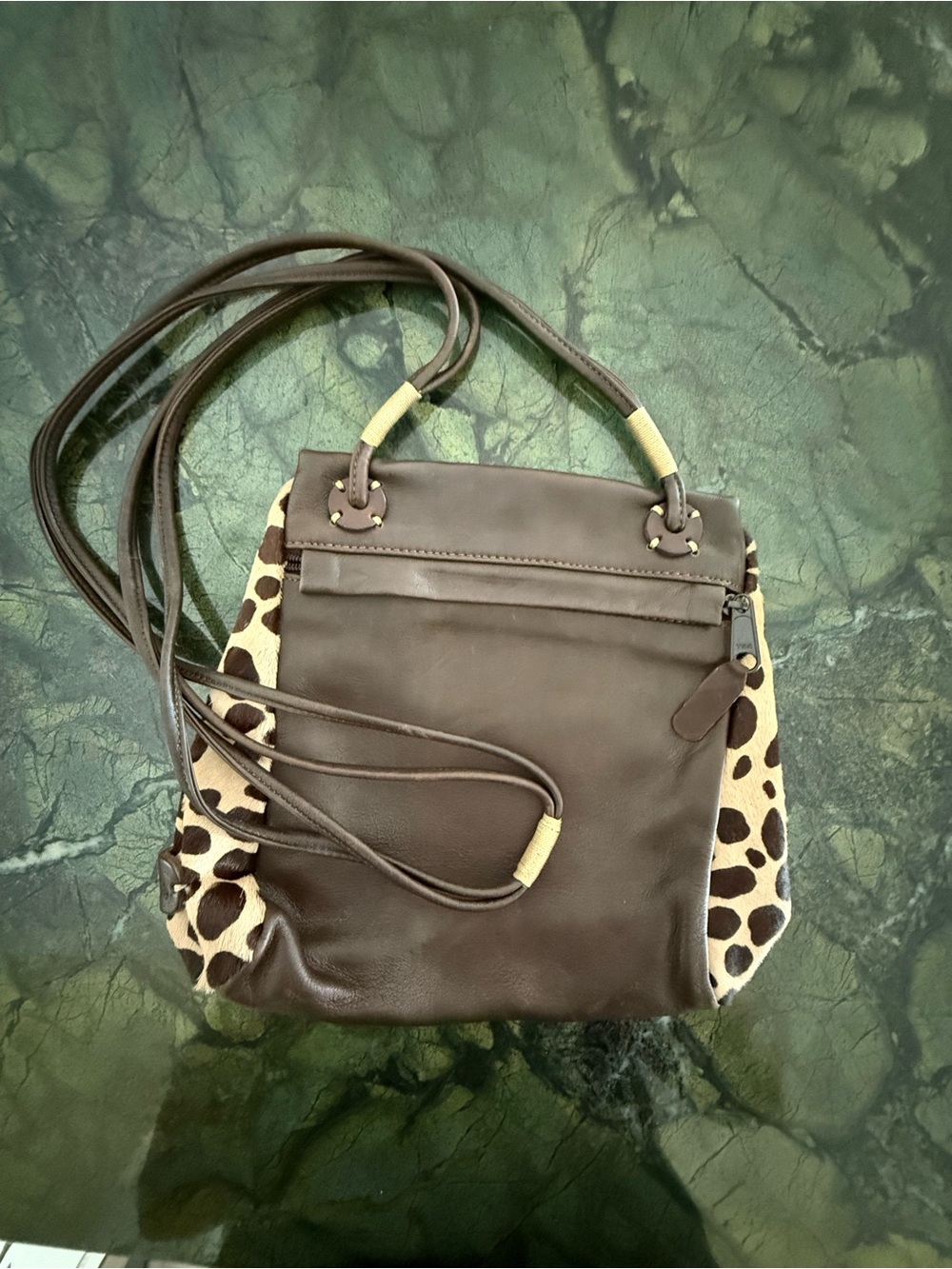 Carlos Falchi Brown Leather and Leopard Print Crossbody Bag